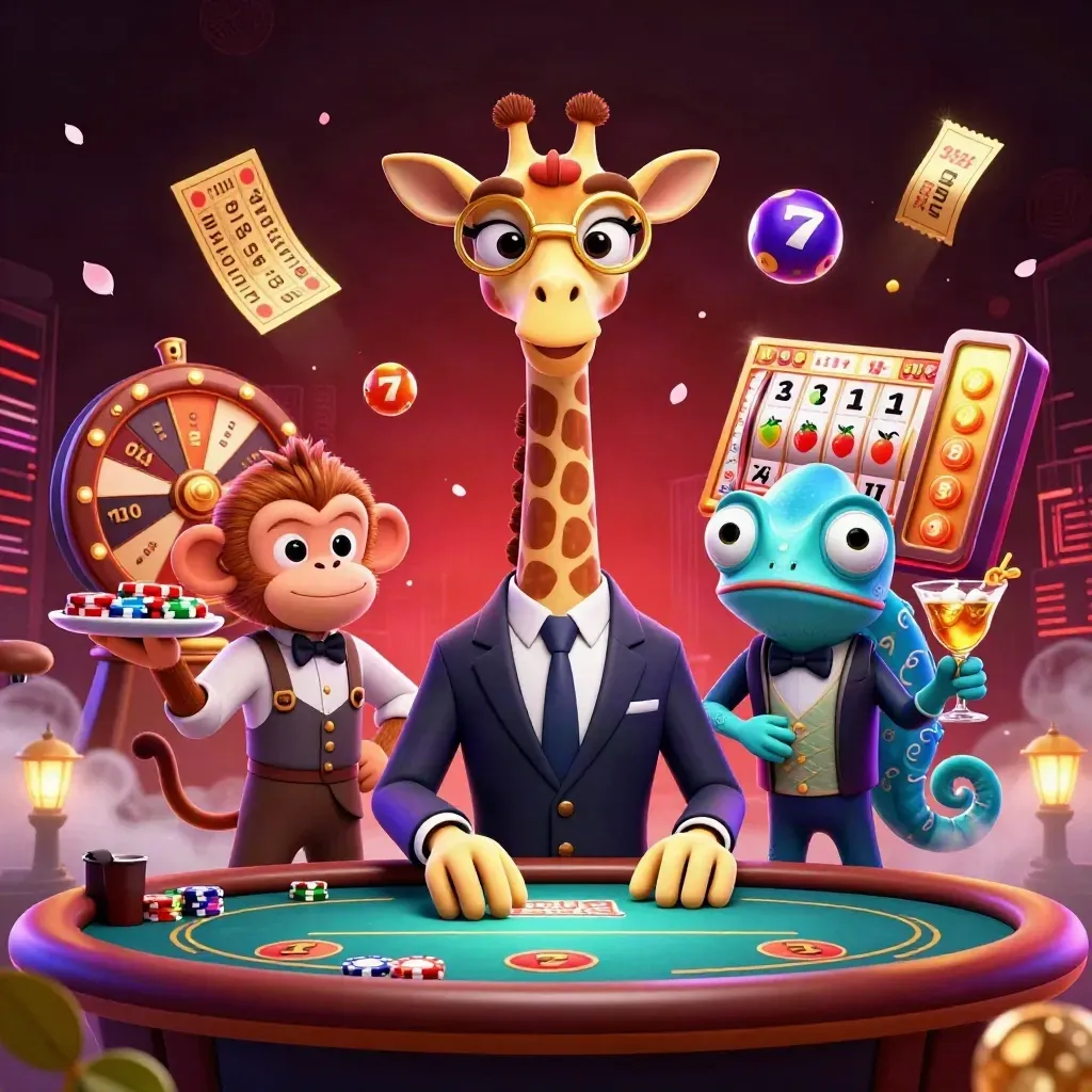 Giraffe high roller, monkey valet, and chameleon bartender in a neon casino splash scene.