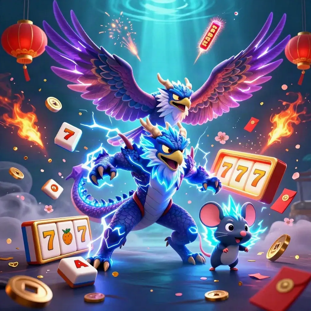 Thunder dragon, wind hawk, and static mouse amid neon casino symbols, gold coins, and blue lightning.