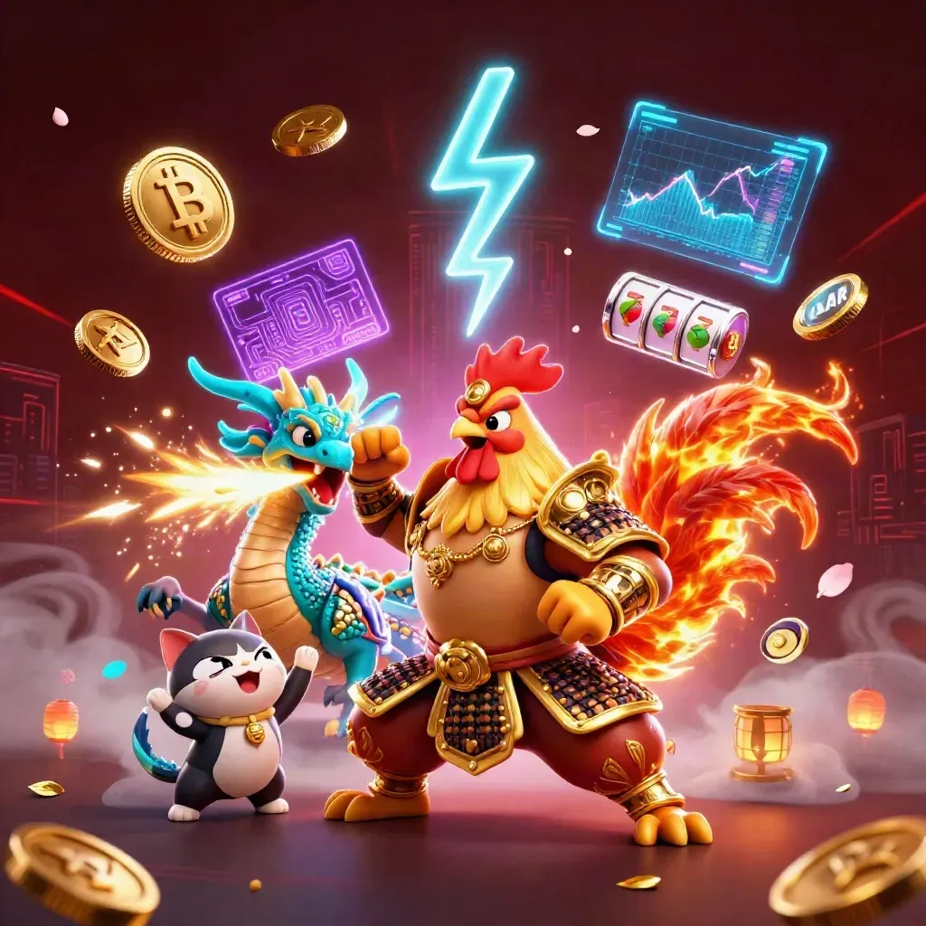 Golden rooster warrior, dragon hatchling and fortune-cat amid neon casino coins and slot energy.
