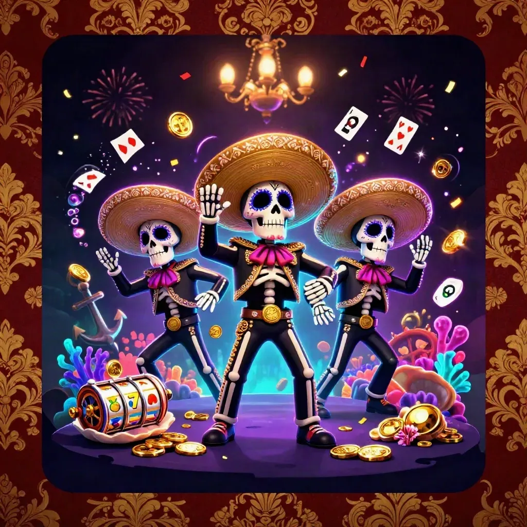 Skeleton mariachi trio in a glowing treasure cove with slots, coins, coral, and casino spark effects.