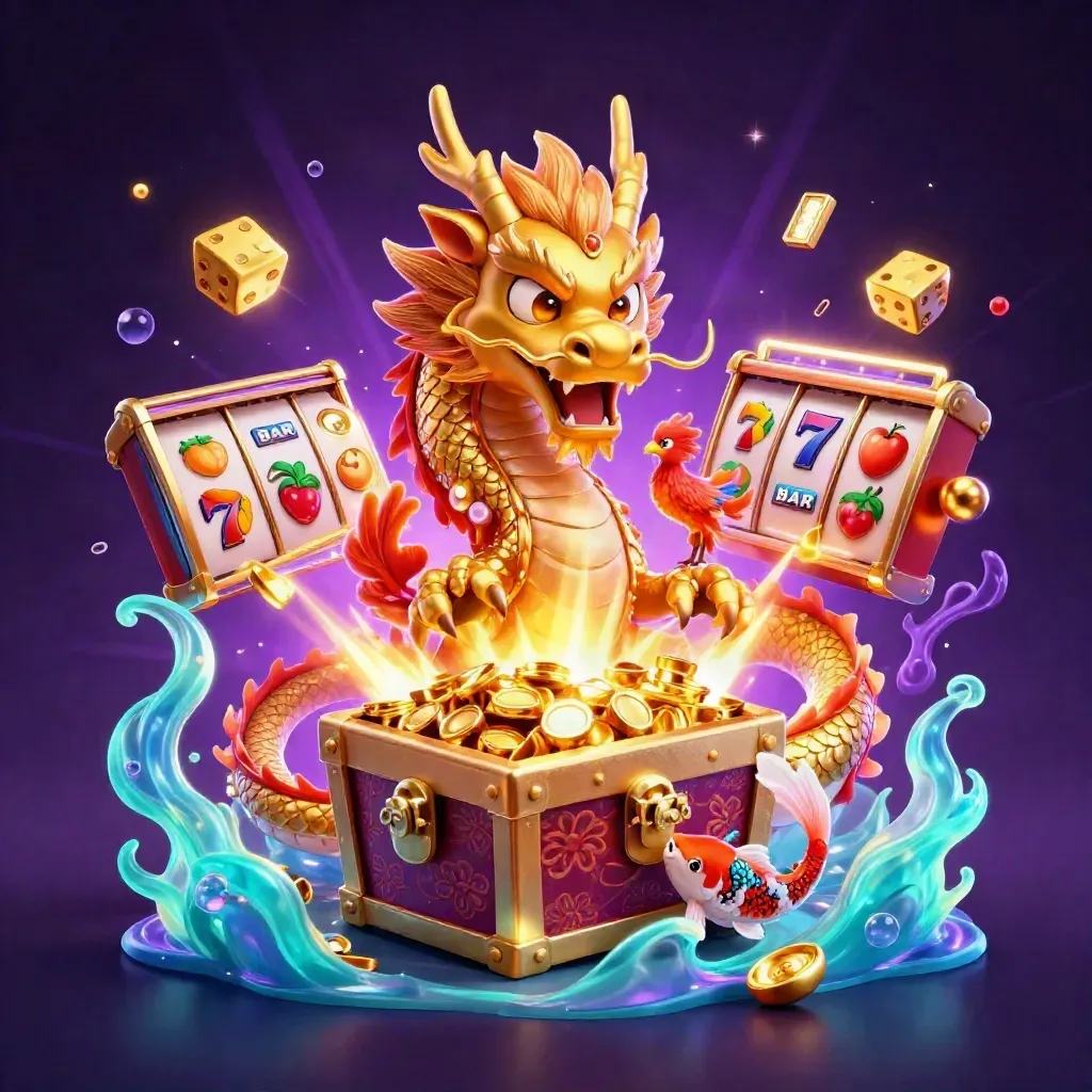 Golden dragon, phoenix, and koi amid exploding slots, coins, and neon casino magic.