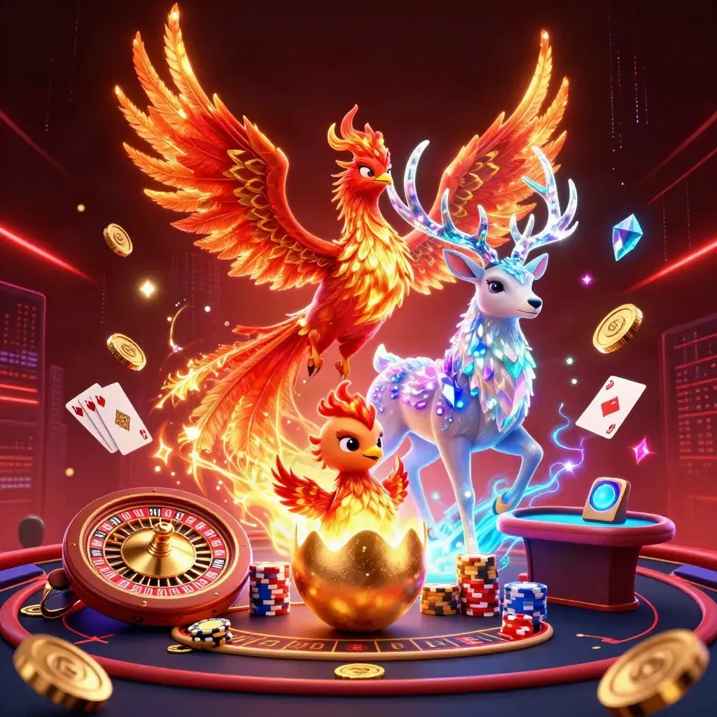 Phoenixes and crystal stag amid casino coins, cards, chips, and neon glow