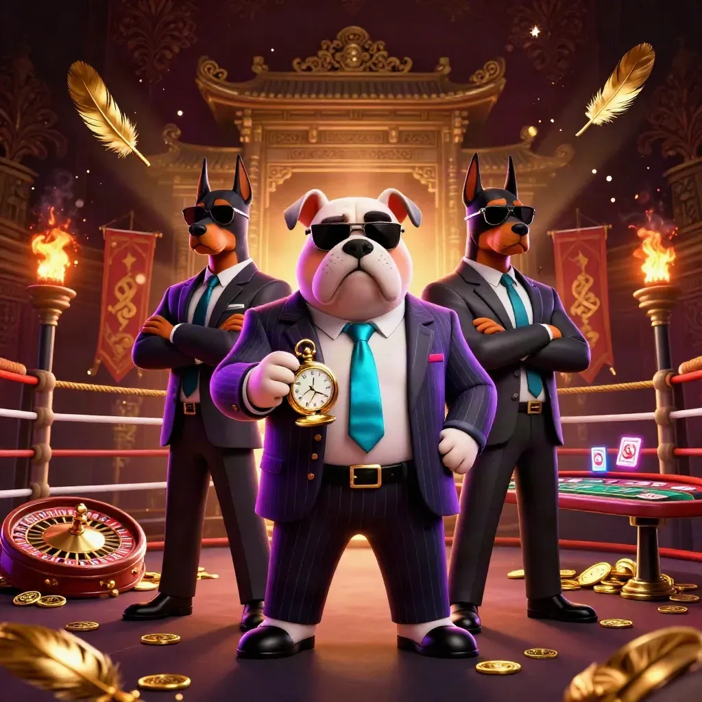 Bulldog boss and two Dobermans amid gold coins, neon casino glow, and temple lights.
