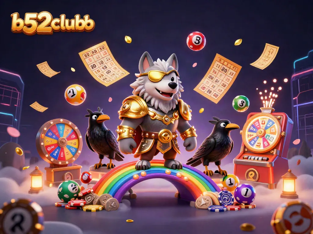 Engage with b52clubb's thrilling gaming world featuring a mythical Norse wolf and vibrant casino elements.