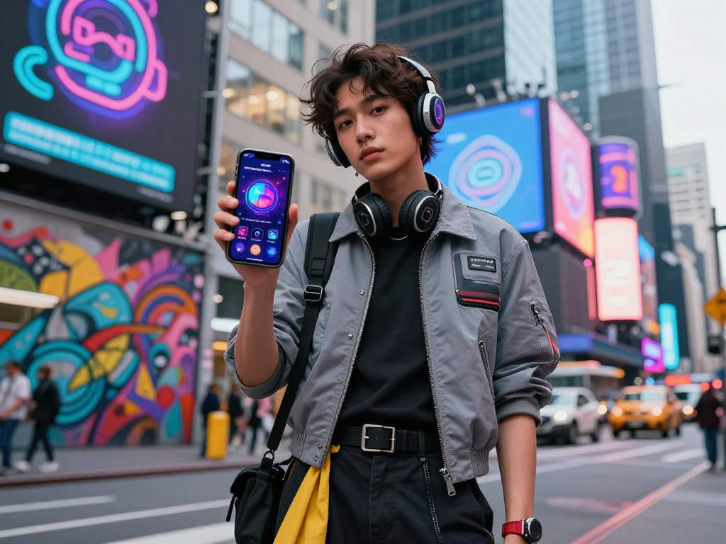 A confident individual showcasing AI-themed fashion and apps in a vibrant urban setting, embodying the essence of ai slut culture.