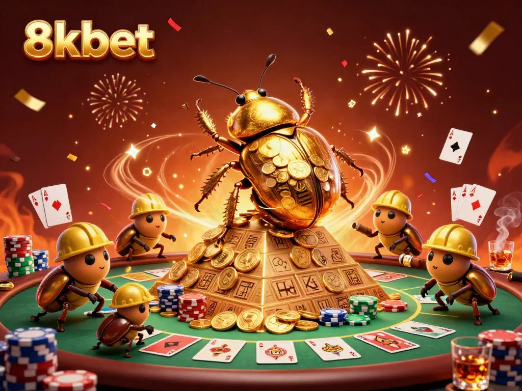 Experience the excitement of 8xbet with a golden beetle illustration and poker elements.