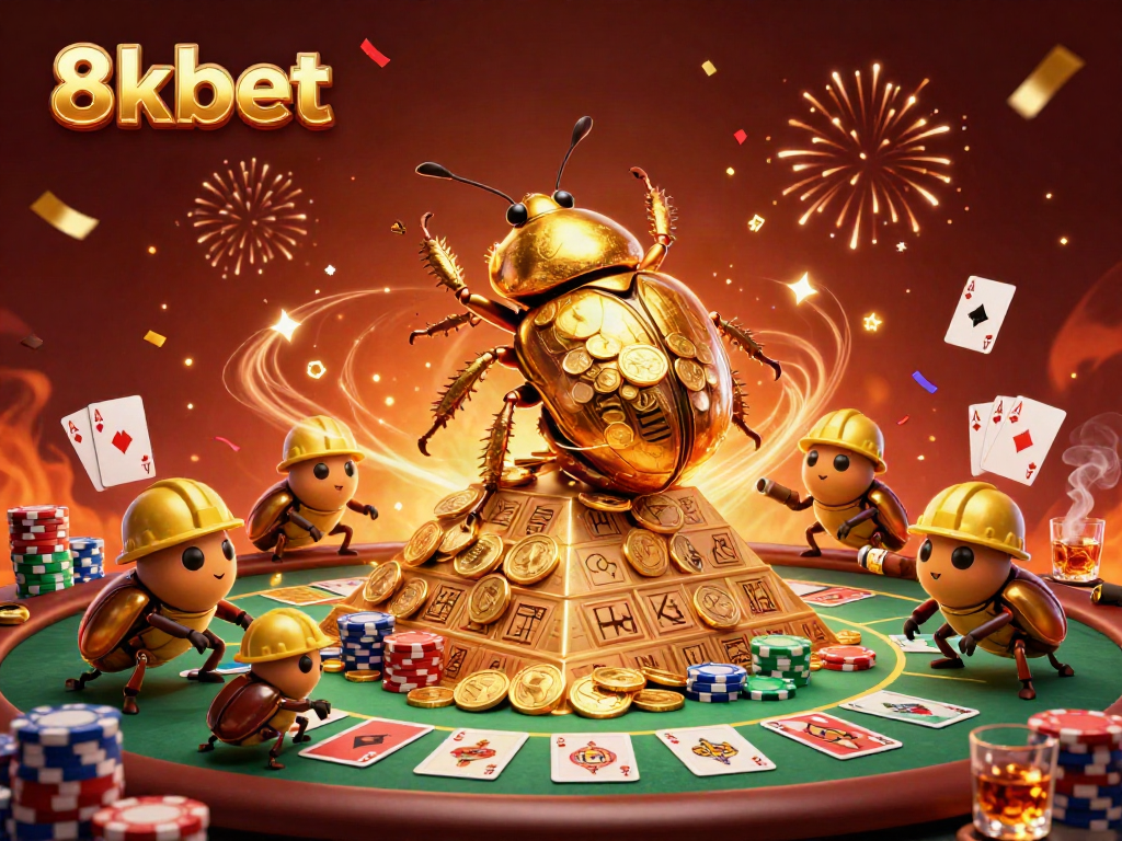 Experience the excitement of 8xbet with a golden beetle illustration and poker elements.