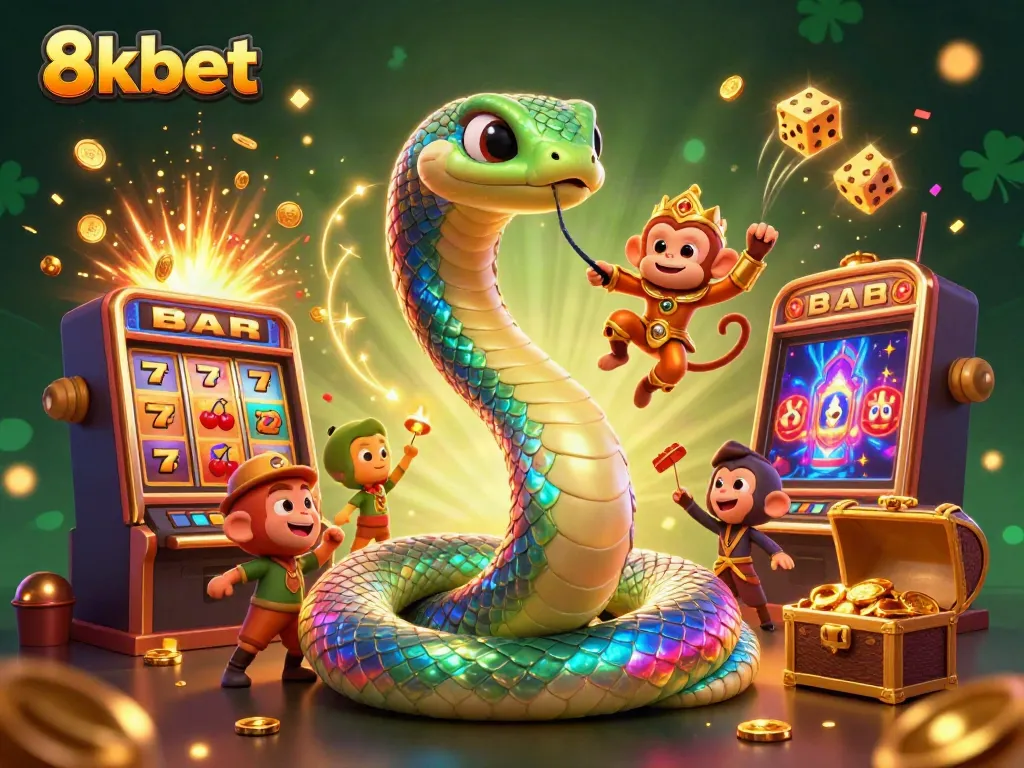 Experience premium 8xbet gaming with a vibrant 3D illustration featuring a colorful jackpot scene.