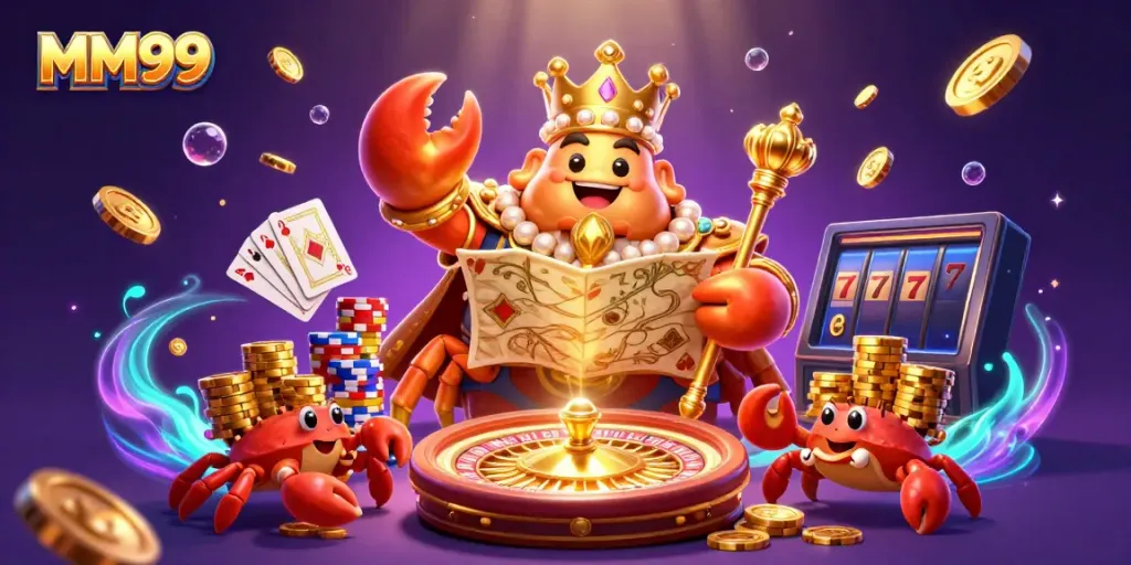 Experience the excitement of MM99 with a golden crab emperor amidst vibrant casino elements.