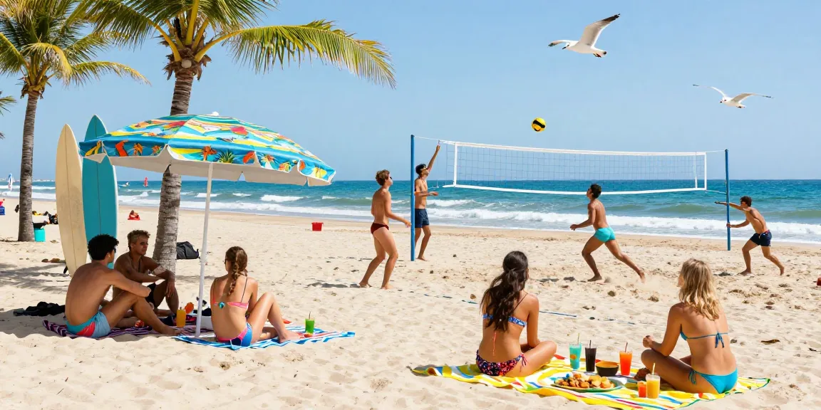 Beach party with friends in vibrant BIKINISLOT swimwear enjoying summer fun by the ocean