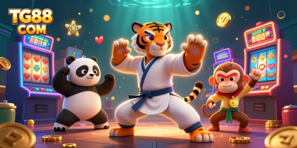 Join the excitement at TG88 COM with a kung fu tiger master and friends in a vibrant casino scene.