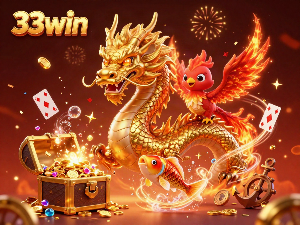 Experience exciting wins at 33win with a vibrant dragon, phoenix, and koi fish scene filled with treasures.