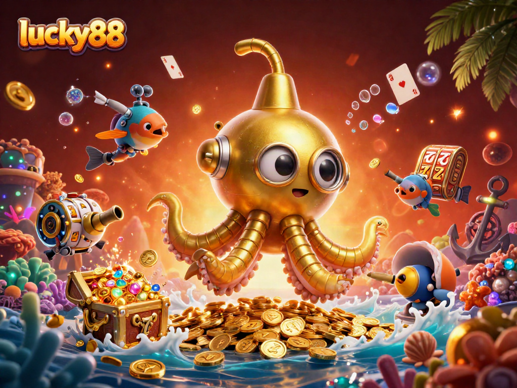Experience thrilling wins with lucky88, showcasing vibrant slot reels and rich treasure in a dynamic casino scene.