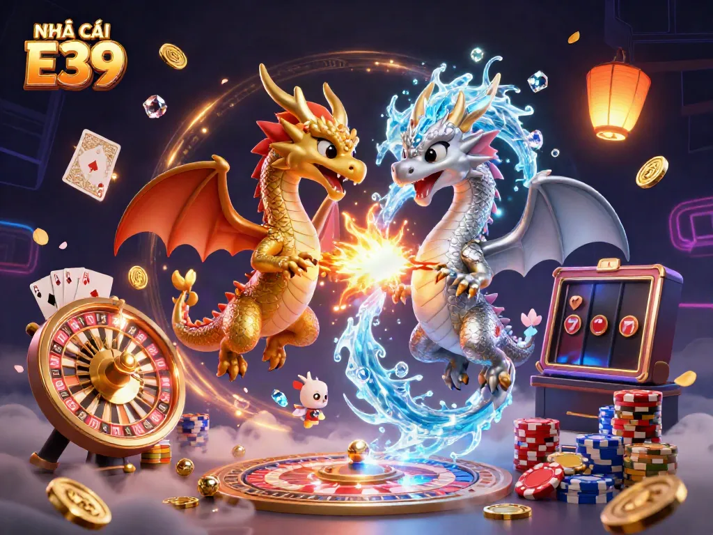 Engage with the NHÀ CÁI E39 gaming adventure featuring dragons, gold coins, and a vibrant casino atmosphere.