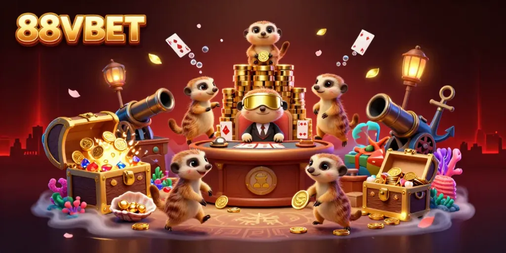 Engage in thrilling casino experiences at 88VBET with lively meerkats managing a vibrant casino scene.