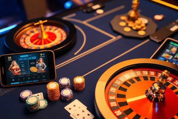 S8 online gambling scene with luxurious casino elements, cards, chips, and an interactive mobile app.