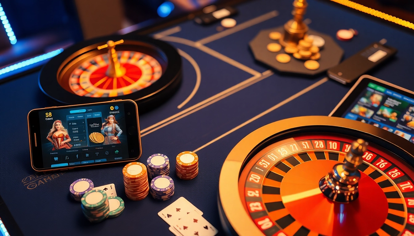 S8 online gambling scene with luxurious casino elements, cards, chips, and an interactive mobile app.