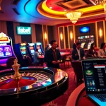 Experience the excitement of fabet with players engaging at luxurious casino tables and slot machines.