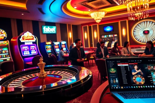 Experience the excitement of fabet with players engaging at luxurious casino tables and slot machines.