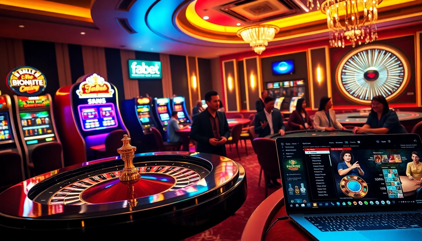 Experience the excitement of fabet with players engaging at luxurious casino tables and slot machines.
