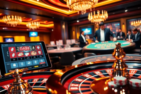 A lively casino scene with DA88 branding, featuring vibrant gaming tables and engaging players.