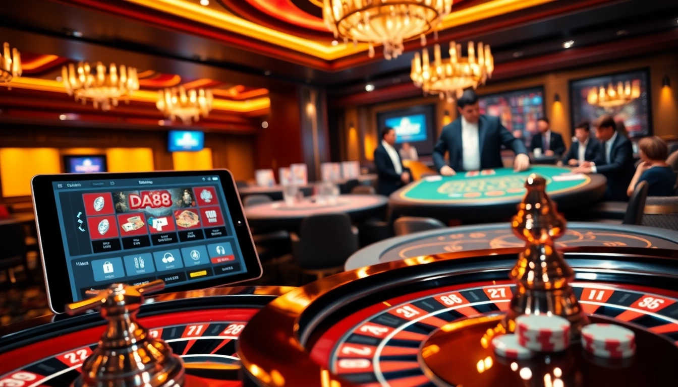 A lively casino scene with DA88 branding, featuring vibrant gaming tables and engaging players.