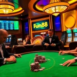 Players engaging intensely at a Fun88 poker table amidst a vibrant casino atmosphere.