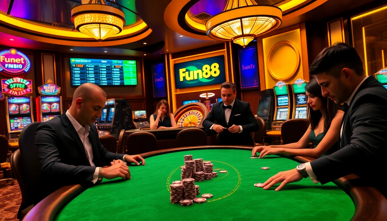 Players engaging intensely at a Fun88 poker table amidst a vibrant casino atmosphere.
