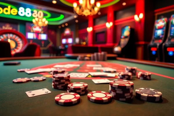 Lode88 casino scene featuring vibrant poker chips and cards in an exciting online gambling atmosphere.