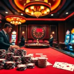 Play at red88's luxurious poker table with vibrant chips and cards in action.