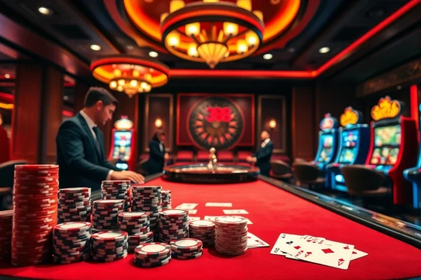 Play at red88's luxurious poker table with vibrant chips and cards in action.