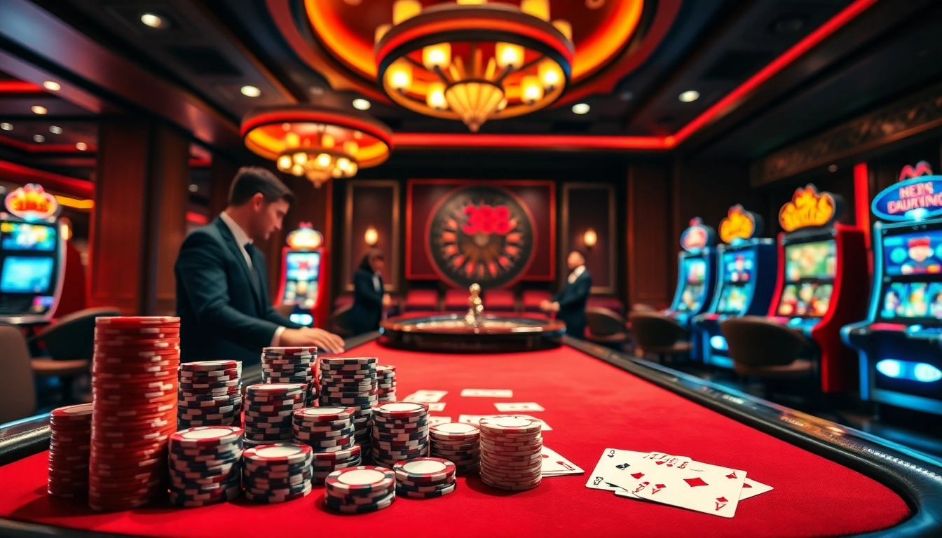 Play at red88's luxurious poker table with vibrant chips and cards in action.