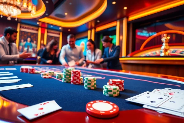 Players enjoying a vibrant poker game at i9bet's luxurious casino table.