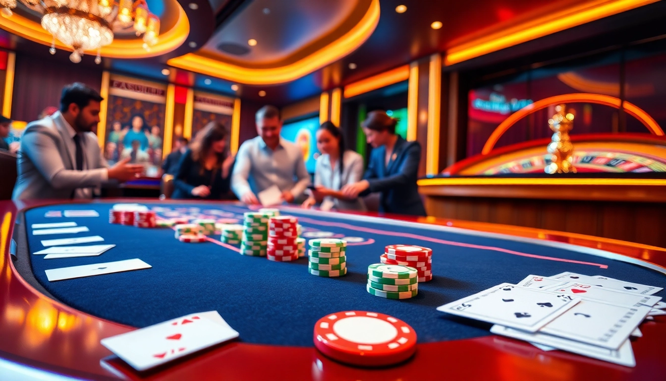 Players enjoying a vibrant poker game at i9bet's luxurious casino table.