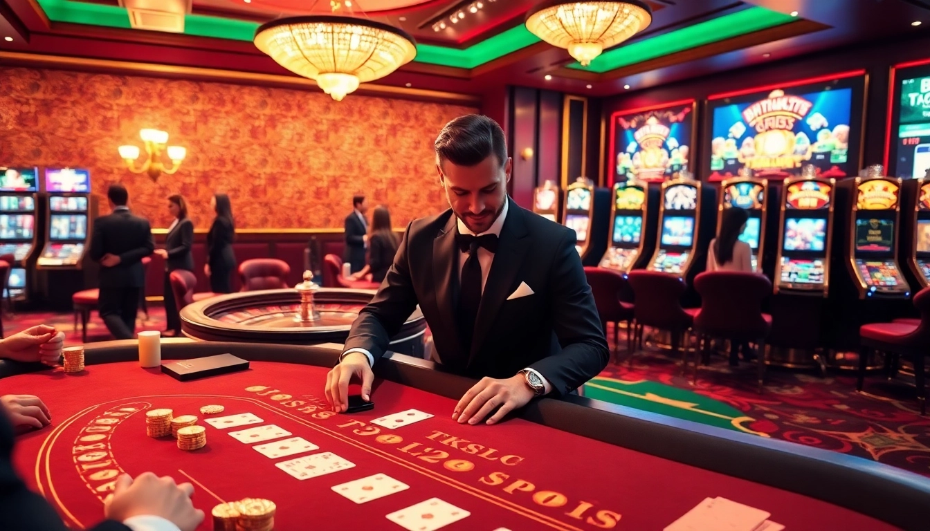 Experience excitement at TK88 Casino with players enjoying blackjack and roulette under luxurious lighting.