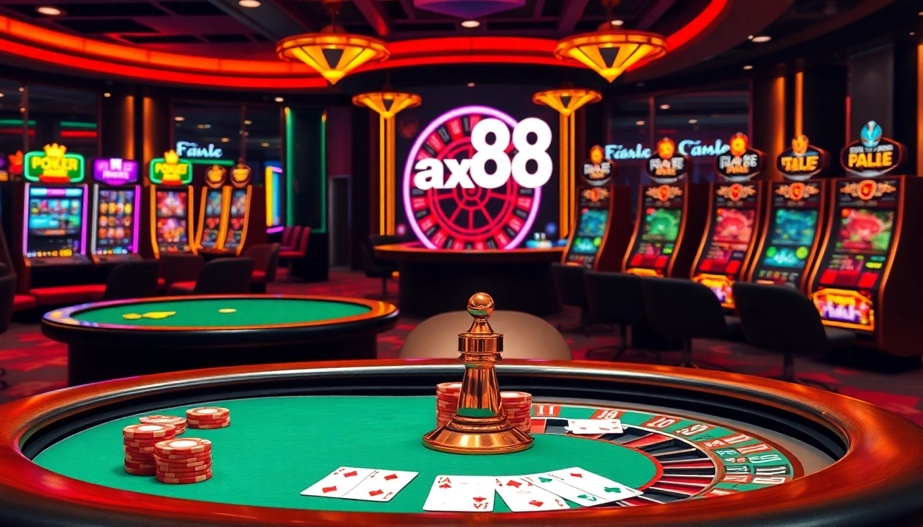 A player engages with a vibrant online gambling platform, showcasing the ax88 interface with poker chips, roulette wheel, and slot machines.