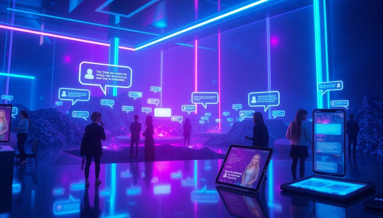 The vibrant scene depicts NSFW AI chat platforms with glowing interfaces, showcasing engaging conversations and futuristic avatars.