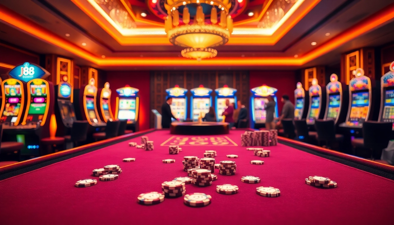 J88 table with vibrant poker chips amid a dazzling casino scene, portraying vibrant gambling action.