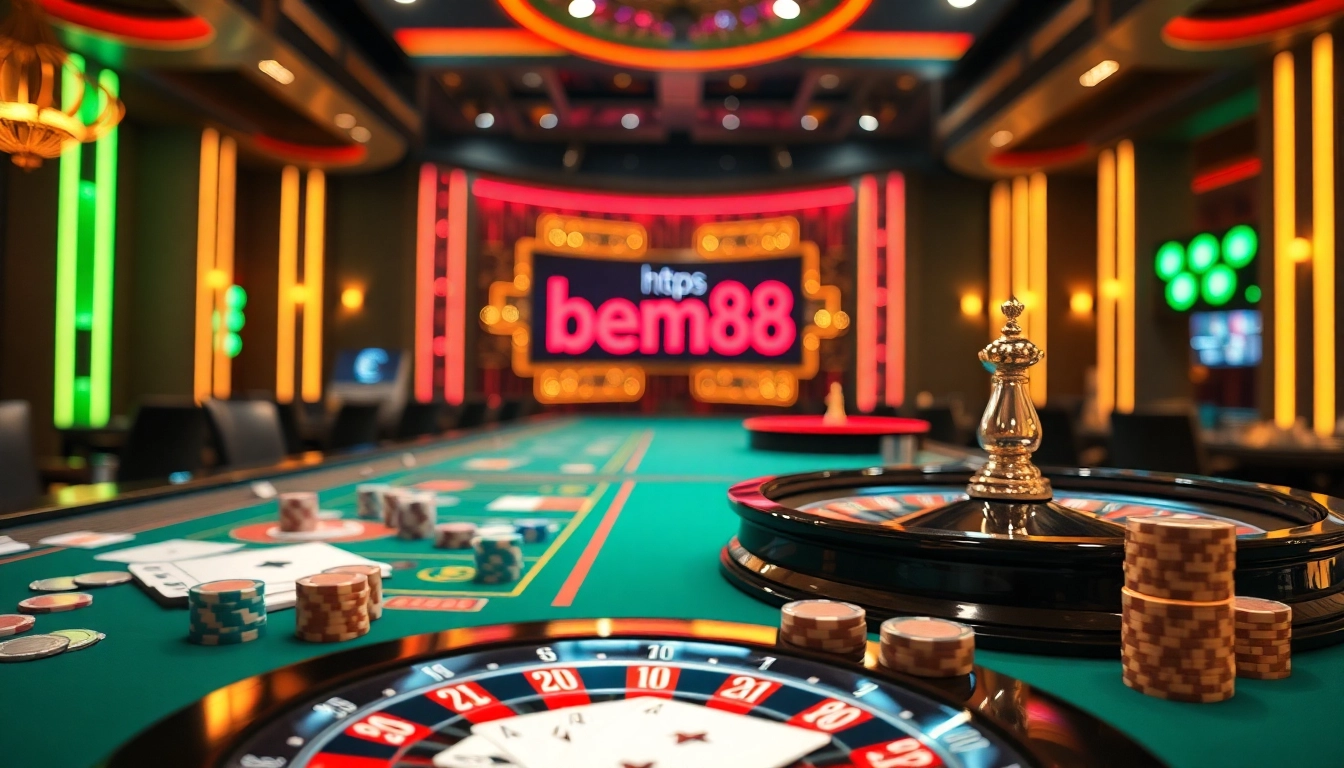 Experience thrilling gaming action and high stakes at https://bem88.com with vibrant casino elements.