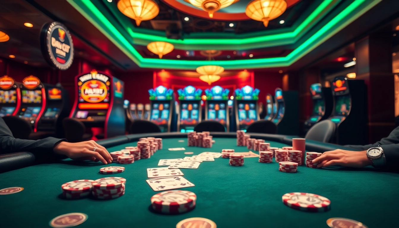 Experience the thrill of casino gaming at https://rr88me.com/ with a luxurious poker table surrounded by vibrant slot machines.