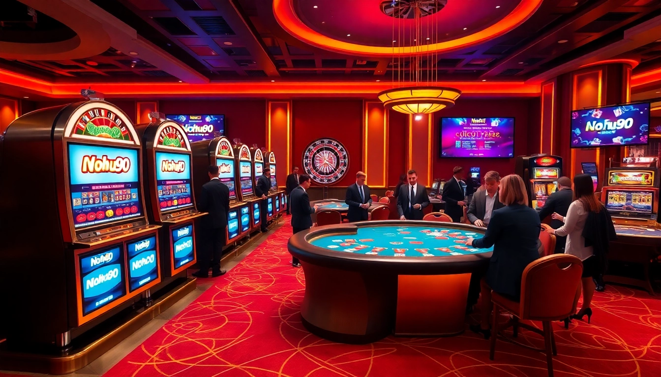 Nohu90 slot machines attract excited gamblers at a luxurious casino scene.