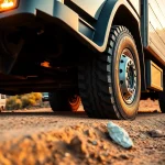 Commercial truck with RR99 tires navigating rugged terrain, showcasing performance and durability.