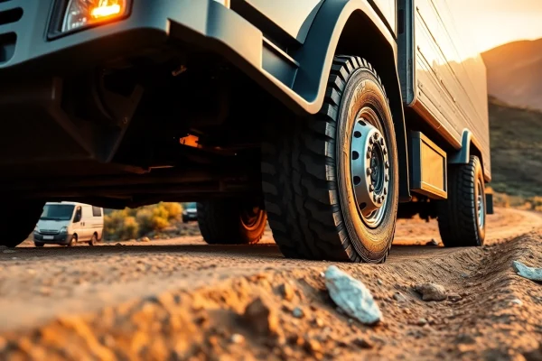 Commercial truck with RR99 tires navigating rugged terrain, showcasing performance and durability.
