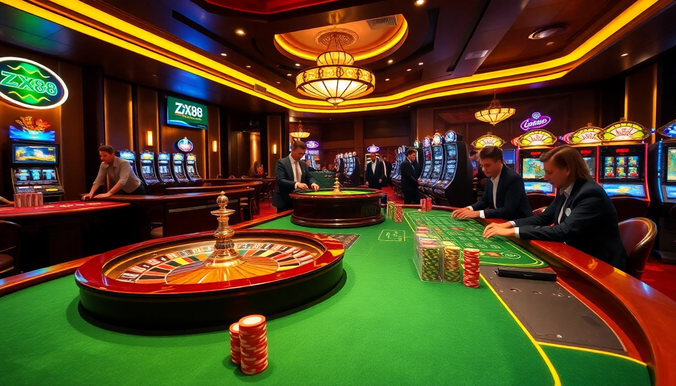Gambling excitement at ZX88 with colorful poker chips and an elegant roulette wheel.