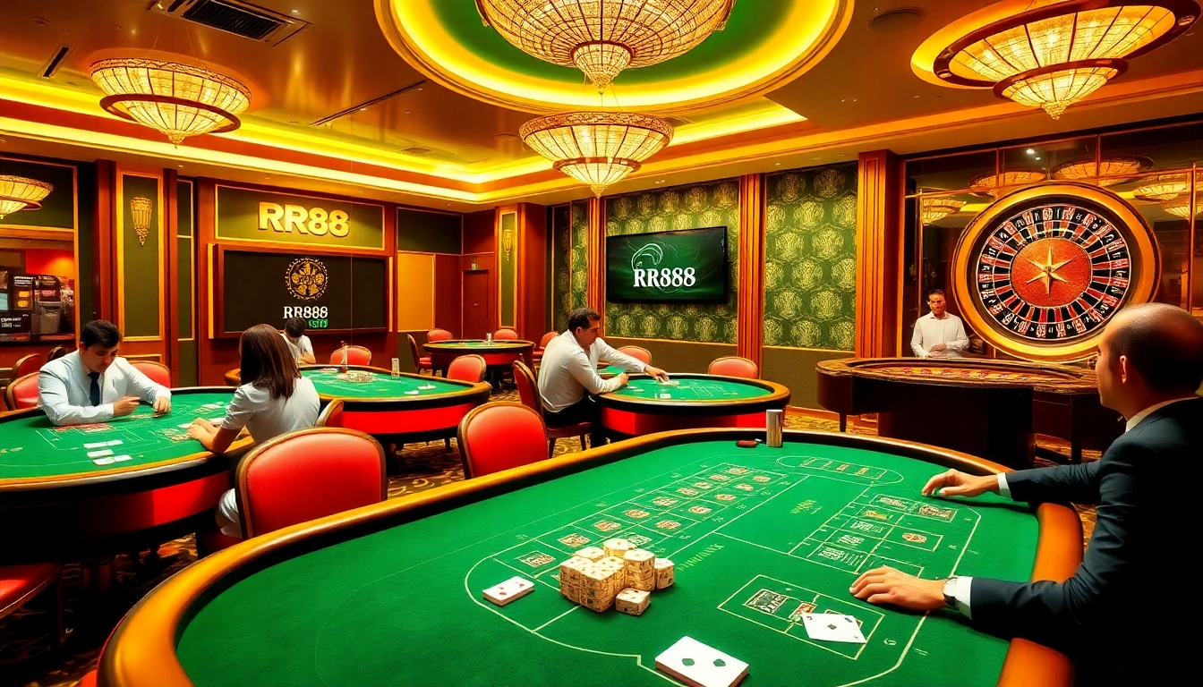 Exciting RR88 casino scene with luxurious tables and lively players engaged in games.