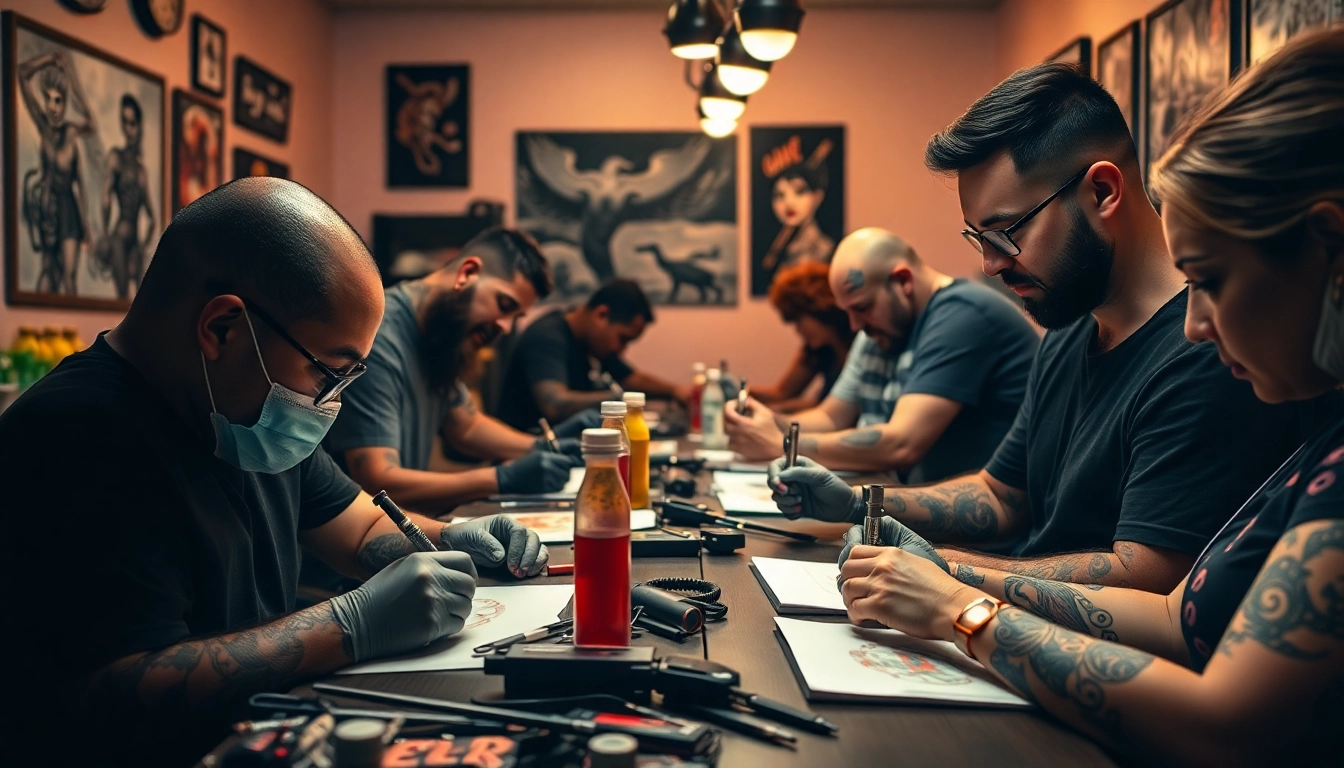 Engaging tattoo artists at work in a vibrant studio setting at https://89bet.tattoo/, showcasing unique designs and creativity.
