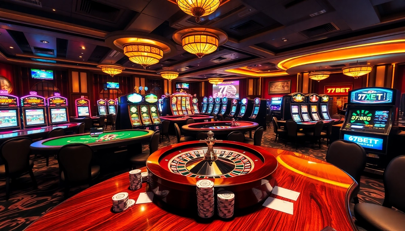 Engaging gaming scene depicting 77BET's luxurious casino with vibrant slot machines and poker chips.
