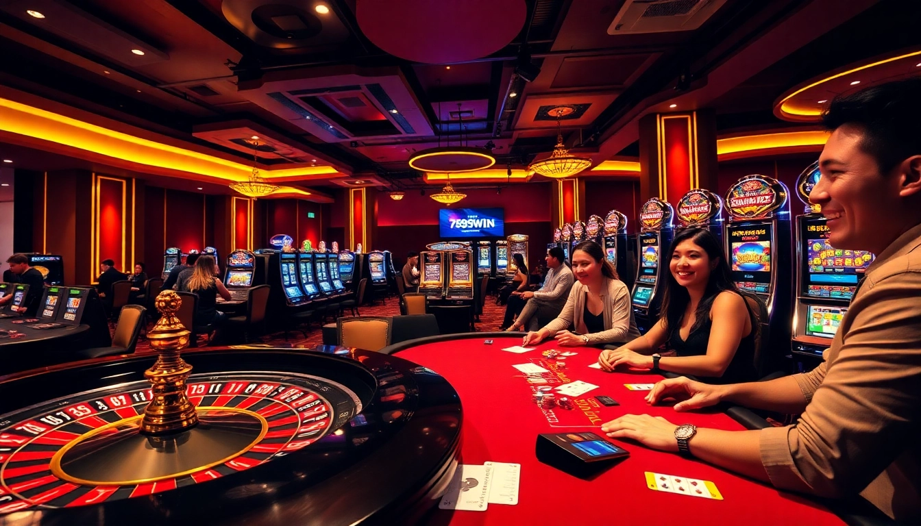 Immerse in the exciting atmosphere of 789WIN casino games showcasing roulette and poker tables.