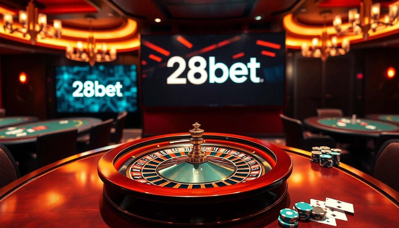 Experience the thrill of gambling with 28bet at this luxurious casino scene featuring a roulette wheel and poker tables.