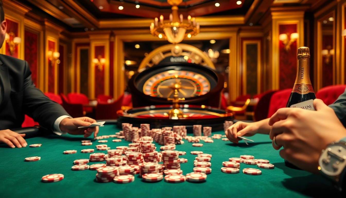 Gambling excitement at 98win with poker chips and a roulette wheel in a luxurious casino setting.